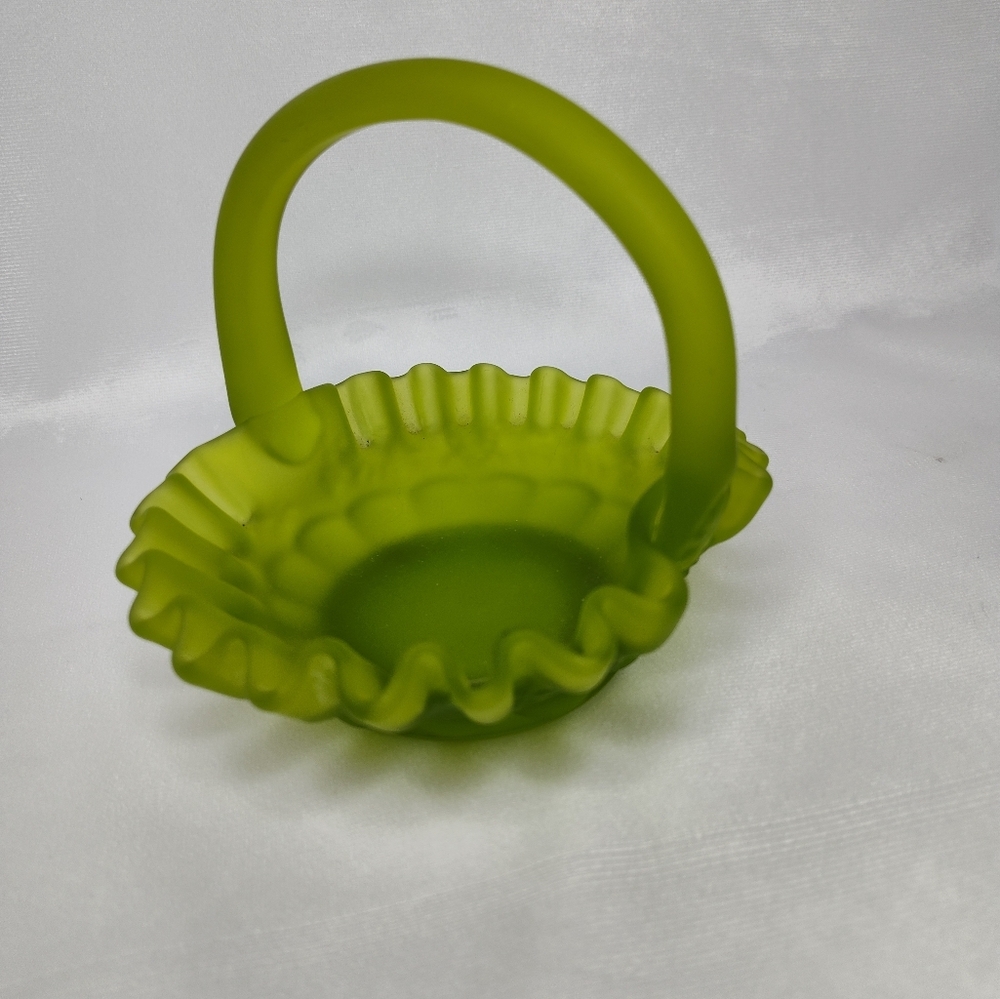 Westmoreland Green Satin Glass Ruffled Basket With Grape Panels, Vintage